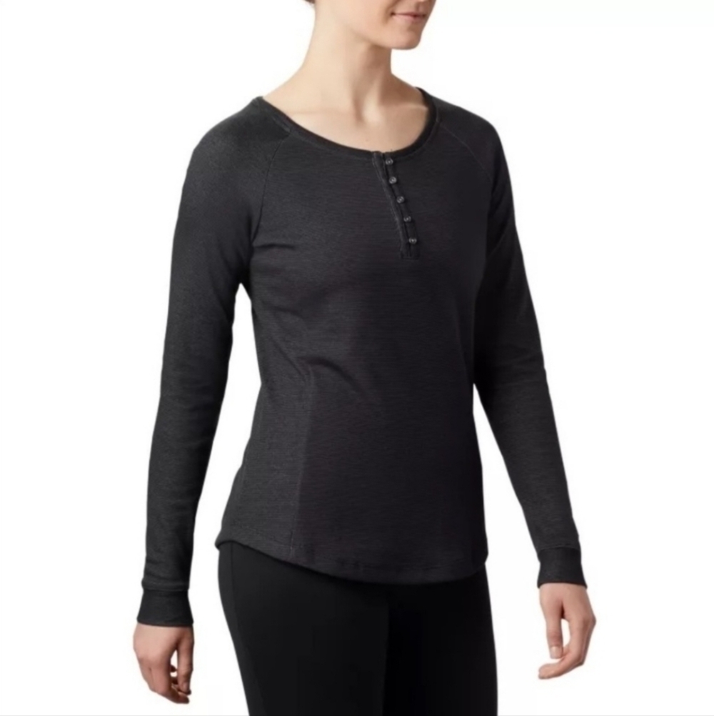 Columbia Knits Henley Long Seeve Top Women's XS Grey Loop Buttons Scoop Neck EUC